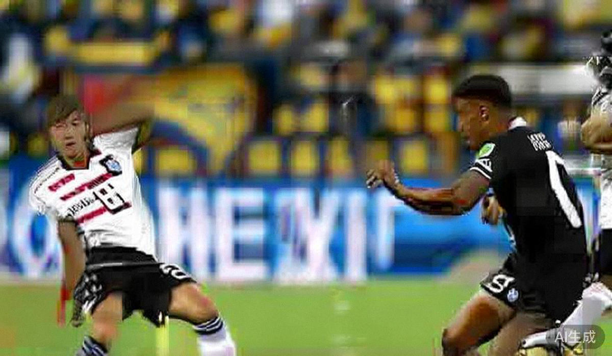 巴西队前锋带球突破德国队两名后卫防守的激烈瞬间