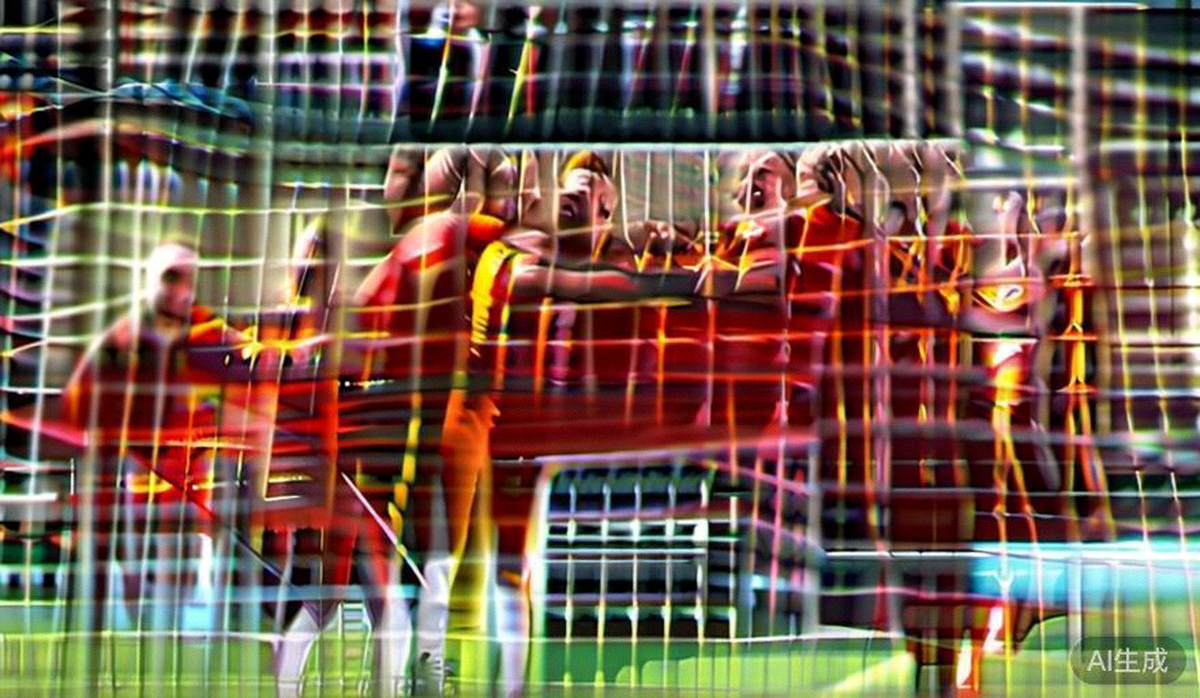 西班牙队球员在打入致胜球后全队围在一起庆祝的激动场面