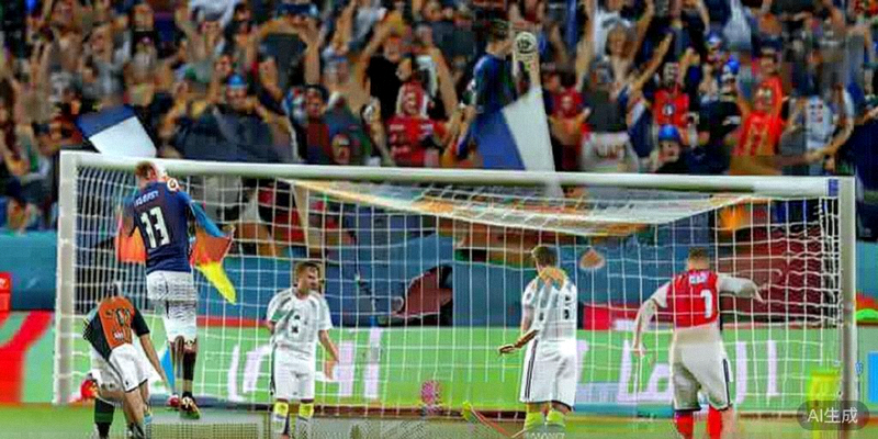 法国队球员庆祝对阵德国队时的第三个进球，德国球员则显得十分沮丧