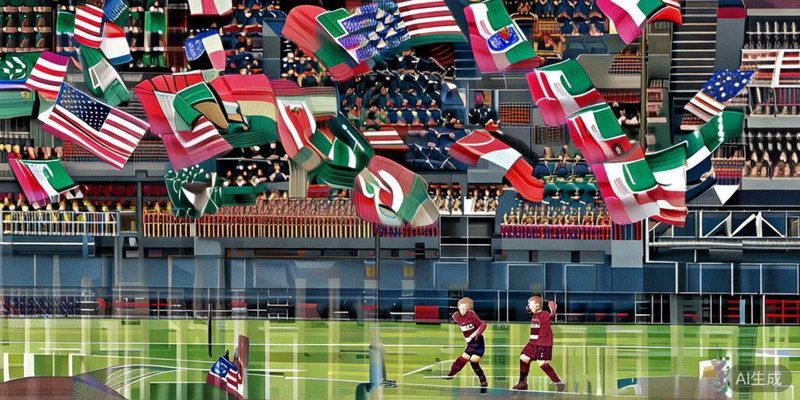 美国和墨西哥队在比赛中激烈对抗，看台上两国球迷旗帜飘扬