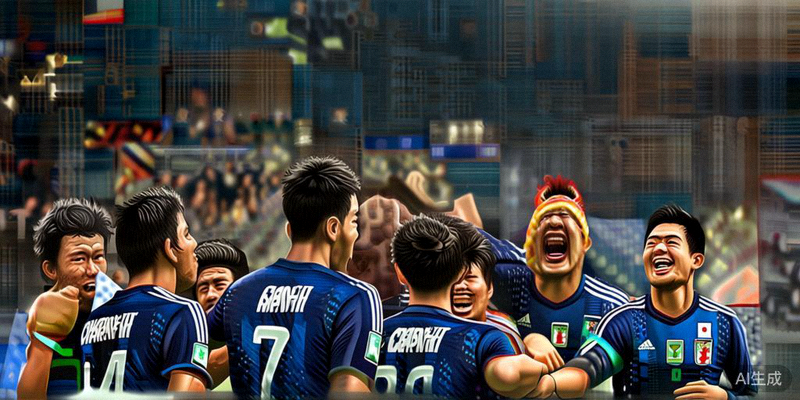 日本队球员庆祝爆冷战胜西班牙队后，全队围在一起欢呼的场面
