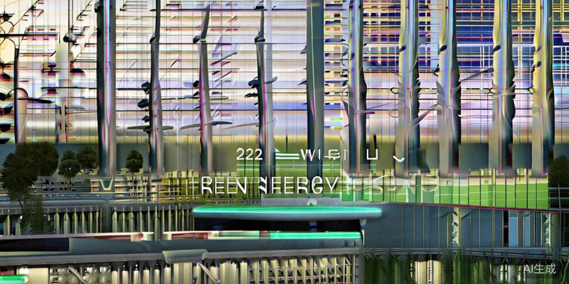 2026世界杯绿色能源计划示意图，展示太阳能板和风力发电为体育场供电