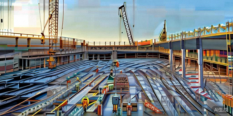 2026世界杯美国洛杉矶SoFi体育场改建工程施工现场俯瞰图，工人们正在紧张作业