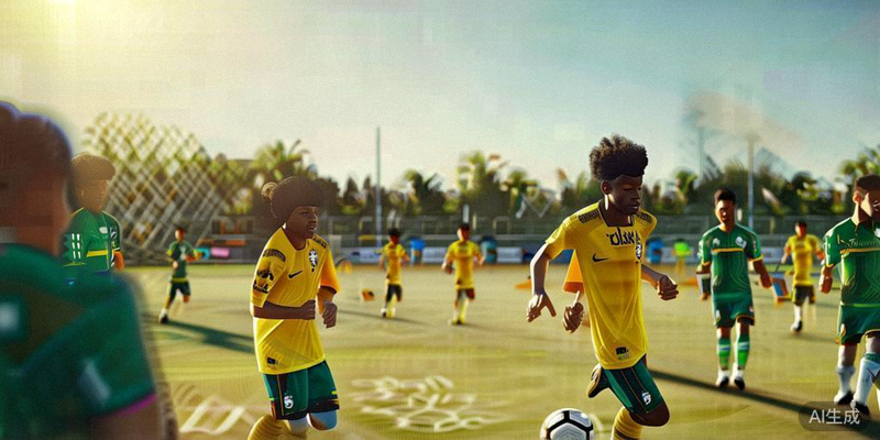 巴西队球员维尼修斯在训练中展示华丽的盘带技巧，周围是队友