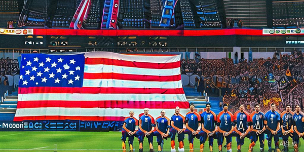 美国队普利西奇等球员在主场球迷面前进行赛前合影，背景是星条旗
