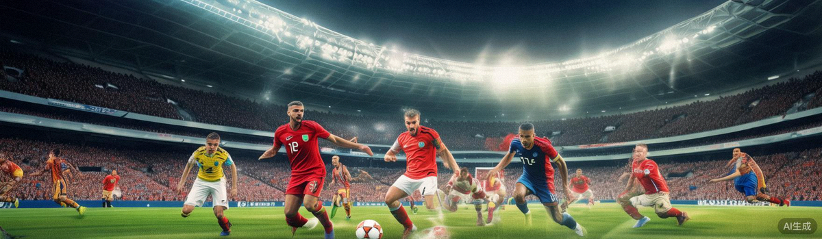 2026世界杯淘汰赛阶段，两支球队在满座体育场内激烈拼抢的壮观场面