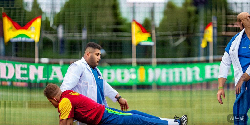 巴西国家队队医正在为一名球员进行康复治疗，球员在训练场上进行恢复性训练