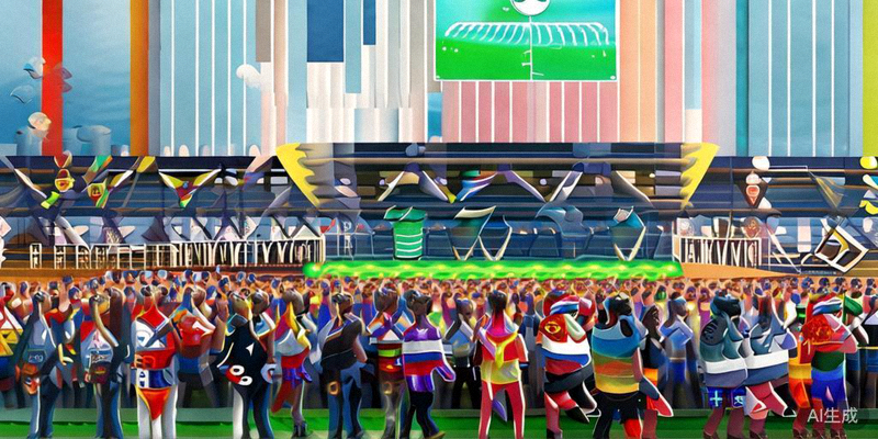 往届世界杯官方球迷广场上人群聚集观看大屏幕比赛直播的热闹场景
