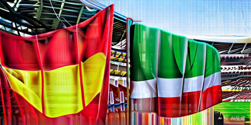 西班牙与意大利两国国旗在球场看台上交相辉映，预示着一场经典对决即将上演