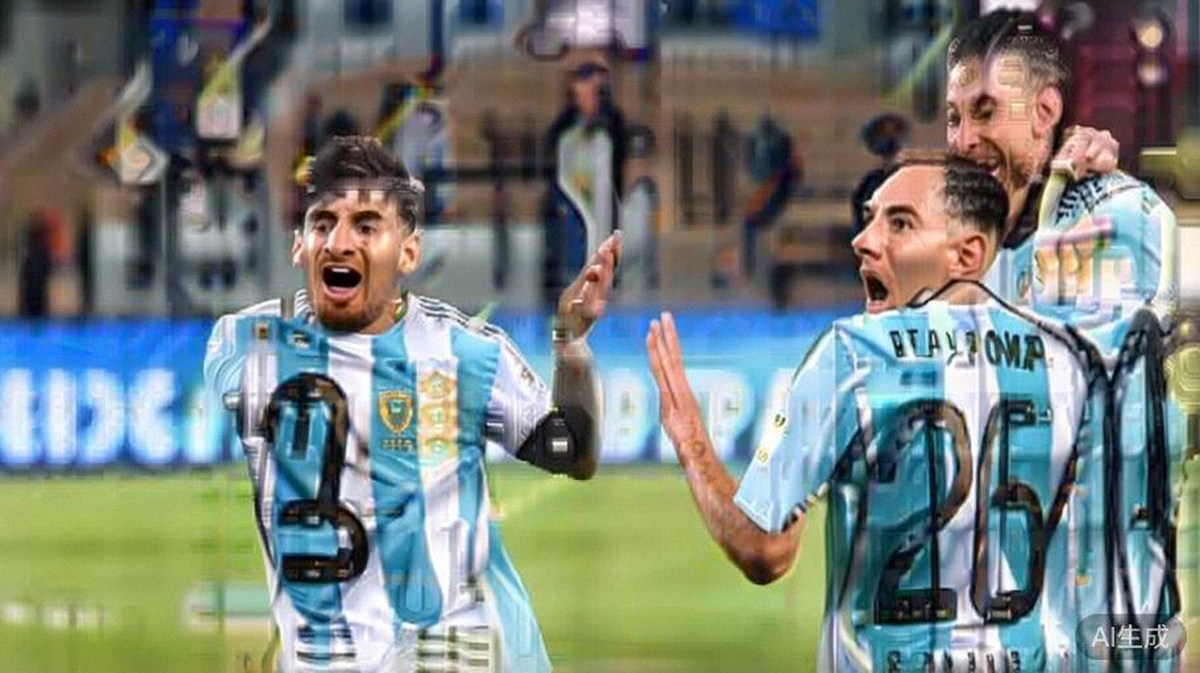 2026世界杯小组赛阿根廷对阵英格兰比赛中，梅西开场闪电破门后与队友庆祝的瞬间