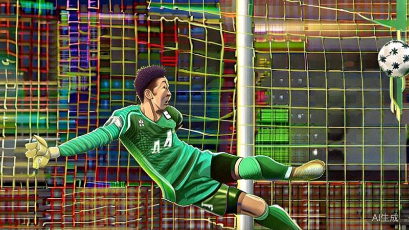 卫冕冠军门将在点球大战中飞身扑出对方关键点球的瞬间，表情极度专注与激动