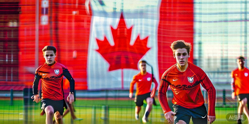 加拿大国家队年轻球员在训练中，背景是枫叶旗，展现新一代足球人才