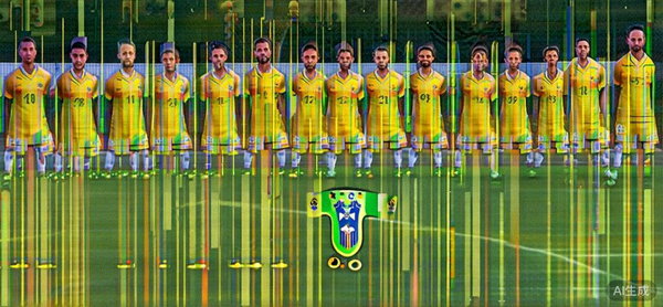 2026世界杯巴西国家队全队合影，球员们身穿黄色主场球衣，在训练场上站成一排