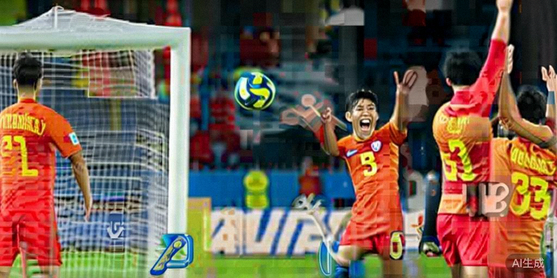 C组比赛中，一支亚洲球队球员庆祝攻破传统欧洲强队球门，队友们激动地围拢过来