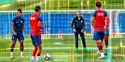 法国国家男子足球队在训练场上进行战术演练，主教练德尚与球员姆巴佩、格列兹曼等人围在一起讨论