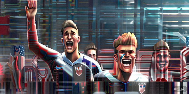 美国国家男子足球队一群年轻球员在主场庆祝胜利，充满活力