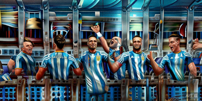 阿根廷队球员在更衣室内庆祝胜利，气氛热烈