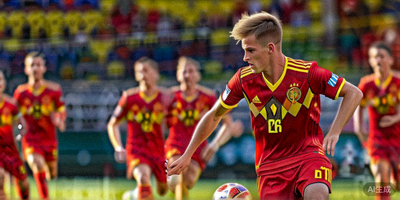 比利时队球员德布劳内传球瞬间，多名球员在场上跑动