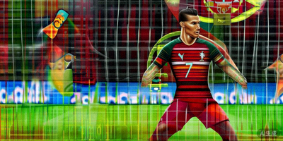 葡萄牙队球员C罗在比赛中主罚任意球，表情专注