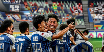 日本队球员在比赛结束后与队友拥抱庆祝胜利