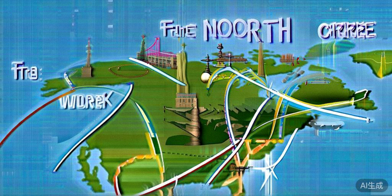 北美地图上绘制着连接不同世界杯主办城市的航线与铁路路线，展示多城市观赛规划