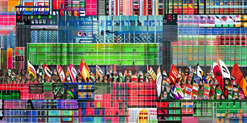 热闹的世界杯官方球迷区，大量球迷聚集在大屏幕前观看比赛，气氛热烈