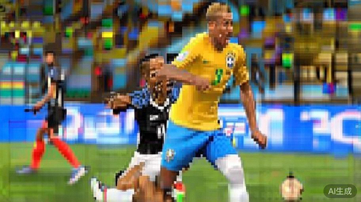 2026世界杯巴西对阵法国比赛中，巴西队前锋维尼修斯带球突破法国后卫于帕梅卡诺的防守瞬间