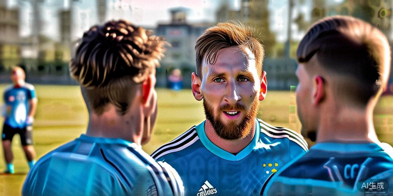 阿根廷队长梅西在训练营中与年轻球员阿尔瓦雷斯、恩佐·费尔南德斯交流