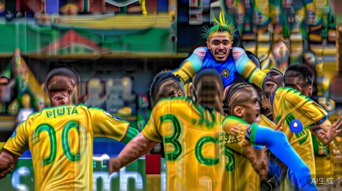 巴西队中场帕奎塔打入世界波后激动庆祝，队友纷纷上前拥抱