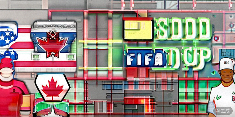 美国、加拿大、墨西哥三国东道主球队队长合影，背景是世界杯会徽