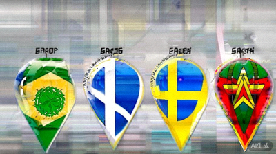 2026世界杯G组四支球队巴西、阿根廷、瑞典、喀麦隆的队徽并列展示