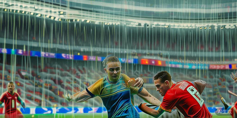 另一场2026世界杯十六强淘汰赛的激烈对抗场面，球员在雨中拼抢