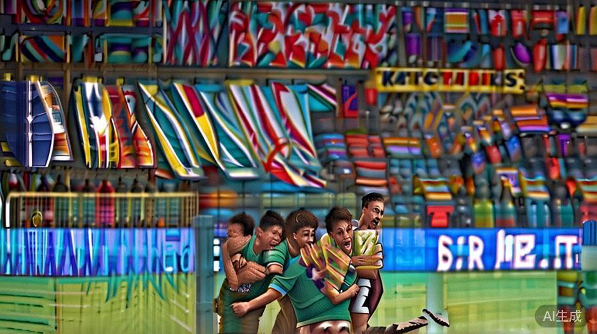 亚洲新军球员在点球大战获胜后激动地拥抱在一起，背景是失望的卫冕冠军球员和欢呼的球迷看台