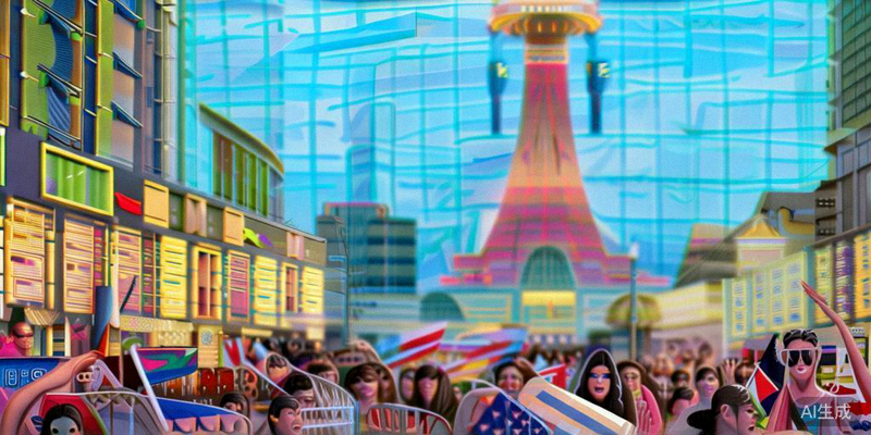 往届世界杯球迷聚集在官方球迷区庆祝，背景是城市地标