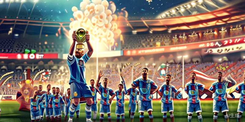 阿根廷队球员庆祝获得2022世界杯冠军，梅西高举奖杯