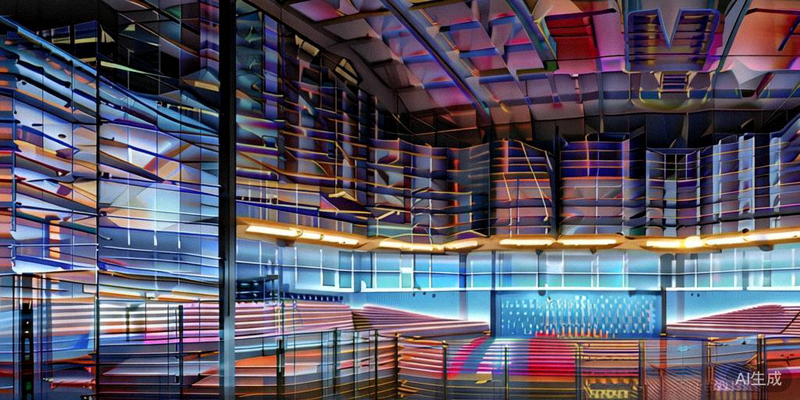 洛杉矶SoFi体育场内部全景，现代化的顶棚和巨大的屏幕