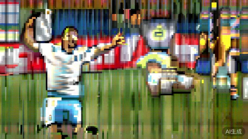 C罗在加时赛罚入制胜点球后，张开双臂狂奔庆祝，背景是失望的阿根廷球员