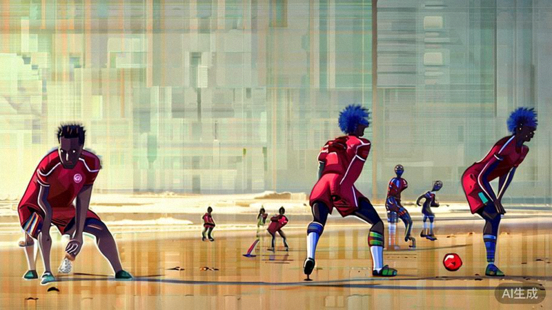 塞内加尔国家队在沙滩上进行特殊的体能和平衡性训练，球员表情专注