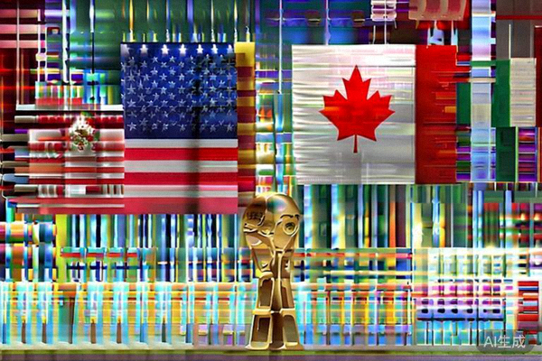 2026世界杯联合举办国美国、加拿大、墨西哥三国国旗与世界杯奖杯同框展示