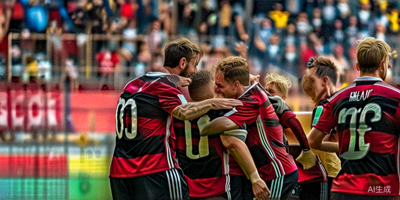 德国国家男子足球队在友谊赛中进球后，球员们激情相拥庆祝的画面