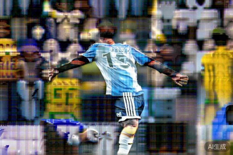 梅西打入第二个世界波后张开双臂庆祝，背景是失望的巴西后卫