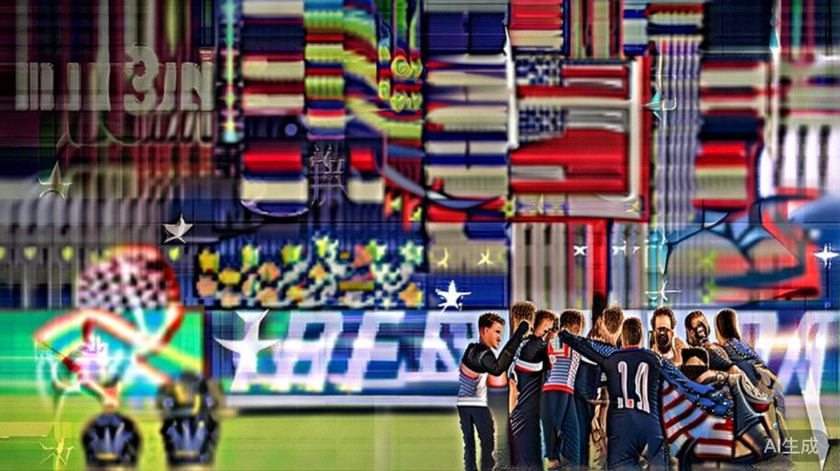 2026世界杯揭幕战后，美国队球员在索菲体育场中央围成一圈庆祝胜利，看台上球迷挥舞星条旗