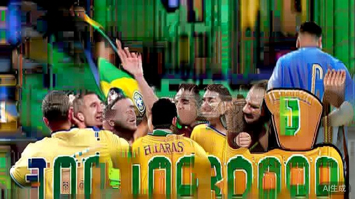 比赛结束后，巴西全队球员围在一起庆祝胜利，内马尔被队友们簇拥在中间