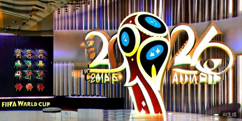 国际足联官员在新闻发布会上展示2026世界杯官方赛程文件，背景是巨大的赛事标志