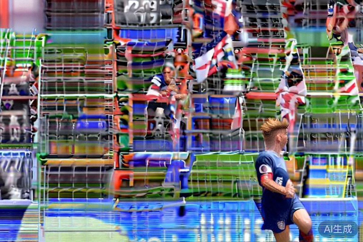 美国队球星克里斯蒂安·普利西奇在2026世界杯揭幕战中打入首球后张开双臂奔跑庆祝，背景是激动的队友和看台