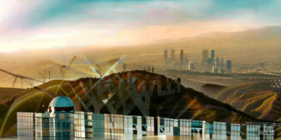 美国洛杉矶市好莱坞标志和格里菲斯天文台远景，阳光明媚