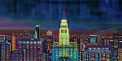 美国纽约市天际线夜景，自由女神像和帝国大厦清晰可见