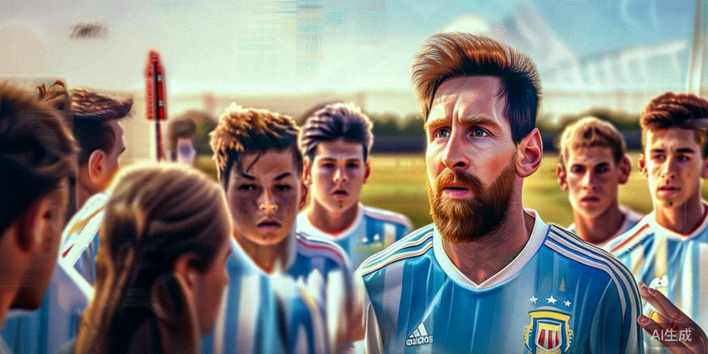 阿根廷队长梅西在训练中与年轻球员交流，传授大赛经验，全队围在一起聆听
