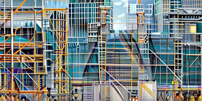 多个城市球迷区建设工地全景，大型帐篷和舞台结构正在搭建，周围是城市景观