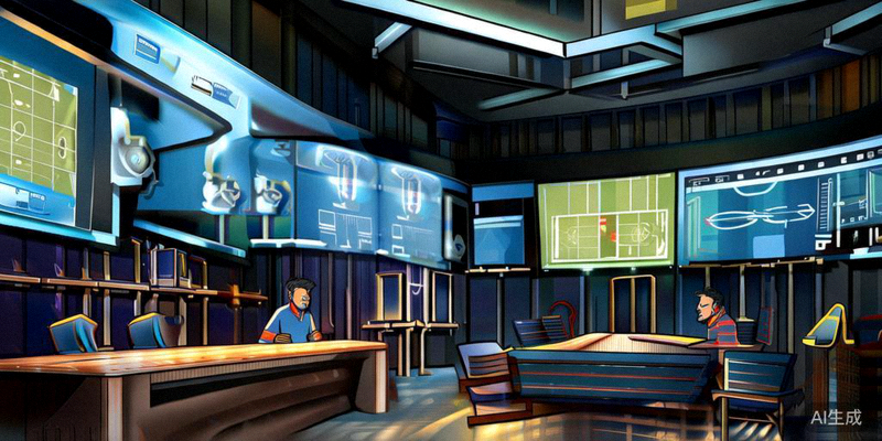 法国队教练组在战术室分析比赛录像，屏幕上显示复杂的阵型图和跑动热力图